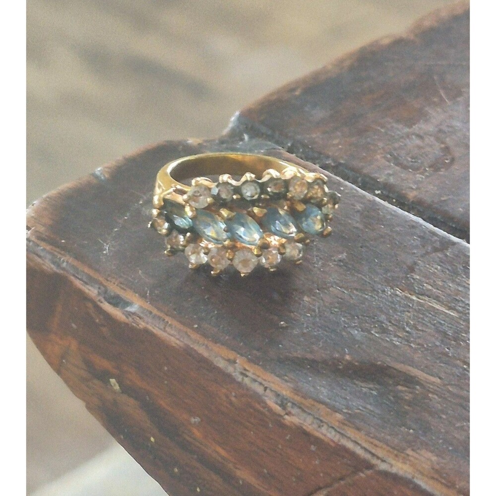Vintage DAC Blue Marquise Rhinestone Gold Tone Tiered Wave Cluster Ring Sz 6.5